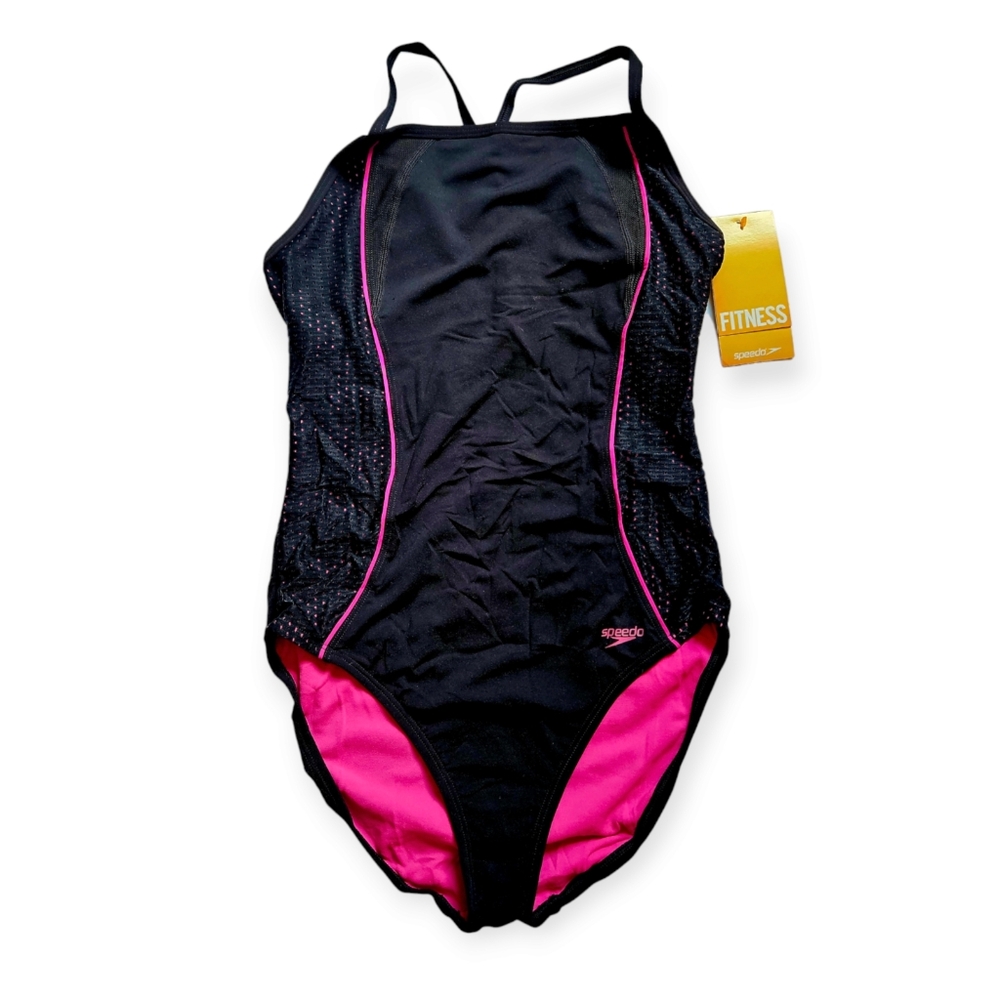 Speedo Fitness Tank Swimsuit Black and Electric Pink Size 12 NWT